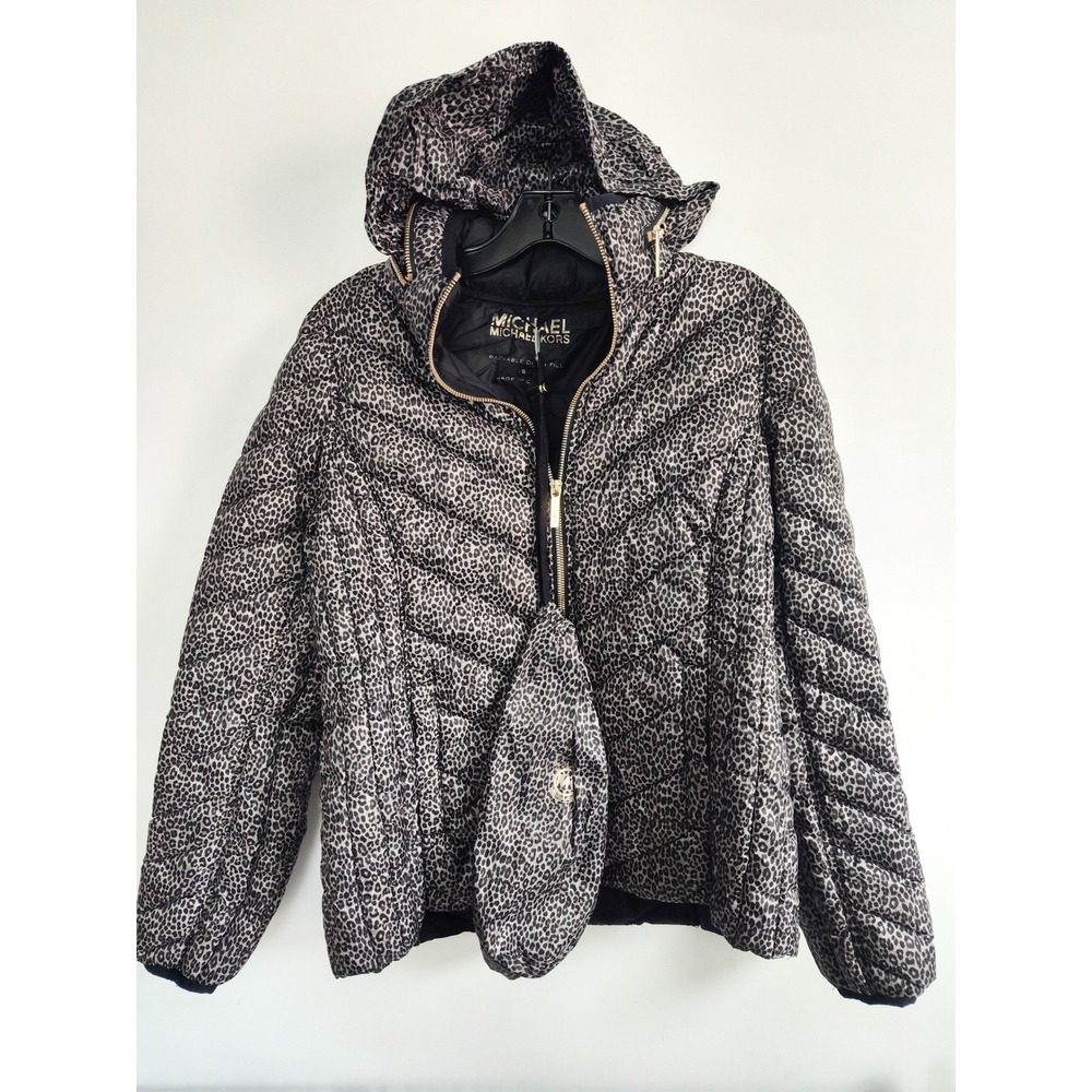 Michael Kors Puffer Jacket Coat Small Leopard Packable Down Chevron Quilted Zip